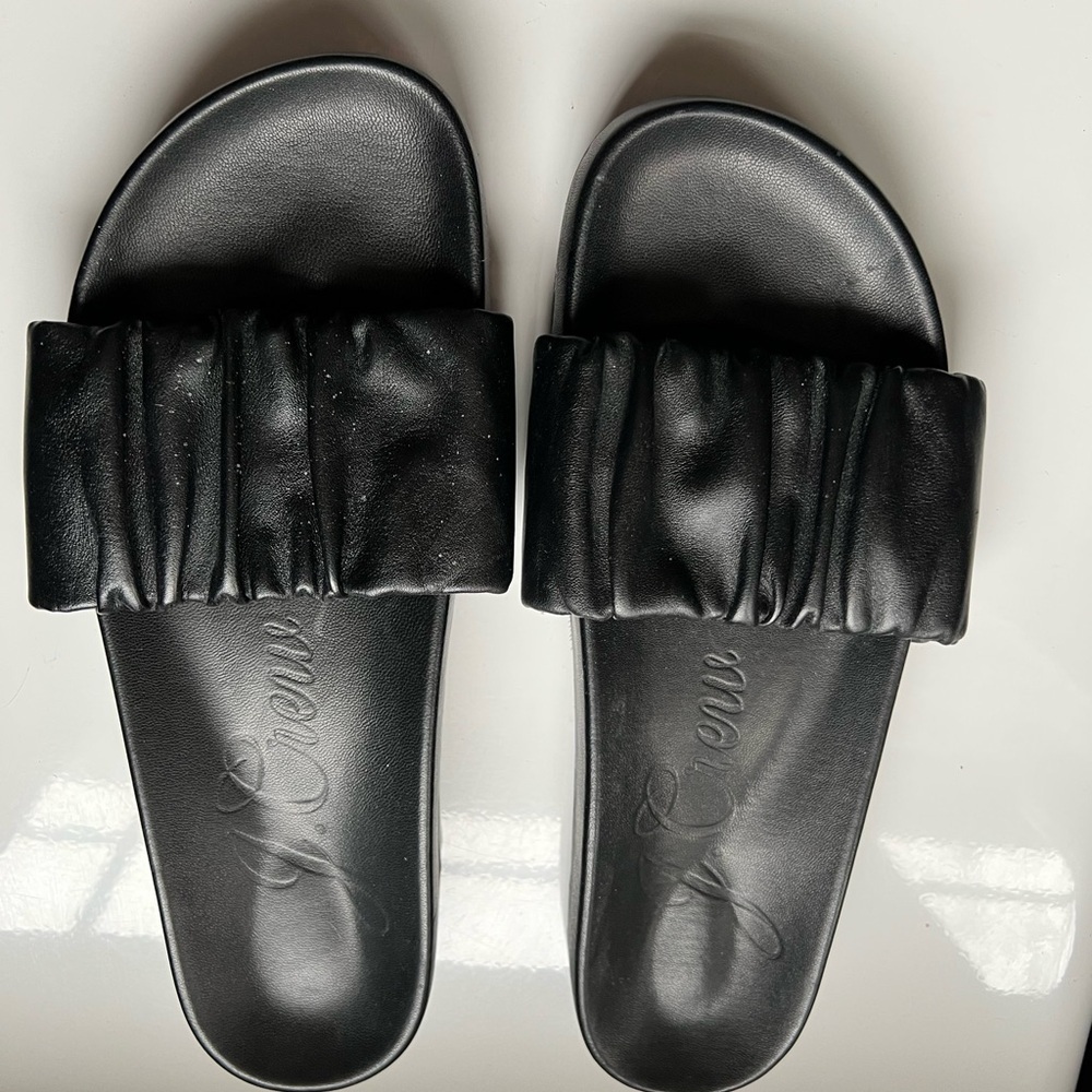 J. Crew Black‎ Leather Ruched Slide Sandals